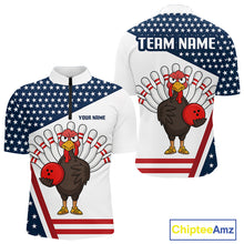 Load image into Gallery viewer, American Flag Funny Turkey Bowling Polo, 1/4 Zip shirts for Men custom patriotic bowling team jersey NQS10272