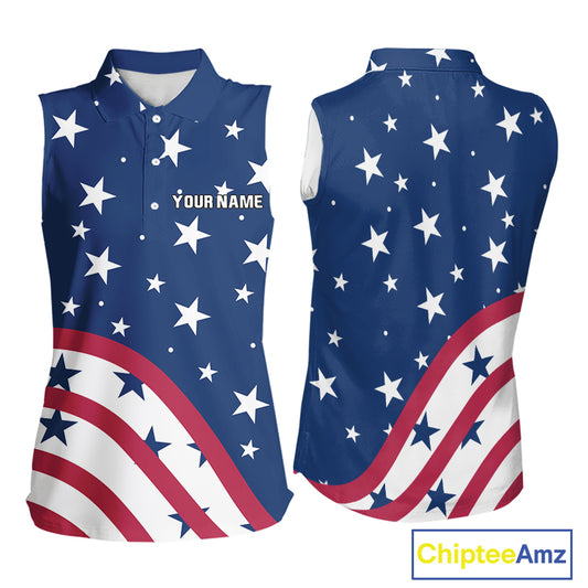Red, White & Blue stars pattern Women sleeveless polos Custom American Flag patriotic ladies golf top NQS10138