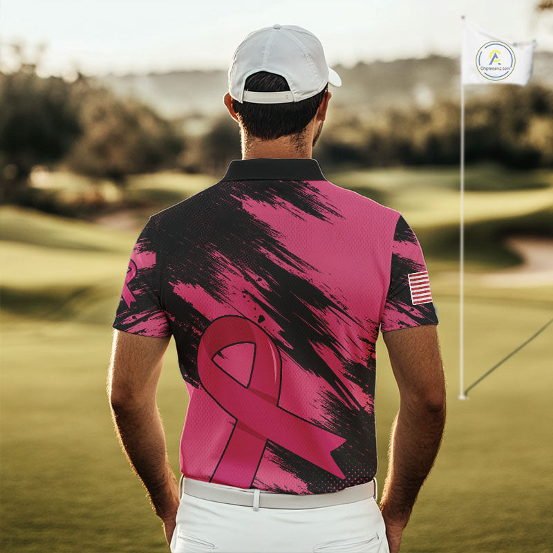 Black and Pink ribbon Men golf polo shirts Custom breast cancer American flag golf top for men NQS10140
