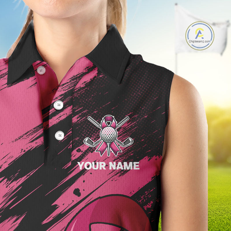 Black and Pink ribbon Women sleeveless polo shirt Custom breast cancer American flag ladies golf top NQS10140
