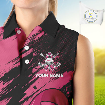 Black and Pink ribbon Women sleeveless polo shirt Custom breast cancer American flag ladies golf top NQS10140