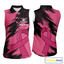 Load image into Gallery viewer, Black and Pink ribbon Women sleeveless polo shirt Custom breast cancer American flag ladies golf top NQS10140