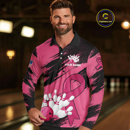 Black and Pink ribbon Bowling shirts for Men Custom breast cancer American flag bowling team jersey NQS10141