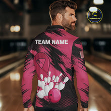 Load image into Gallery viewer, Black and Pink ribbon Bowling shirts for Men Custom breast cancer American flag bowling team jersey NQS10141