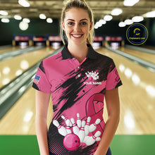 Load image into Gallery viewer, Black and Pink ribbon Bowling shirts for Women Custom breast cancer American flag bowling team jersey NQS10141