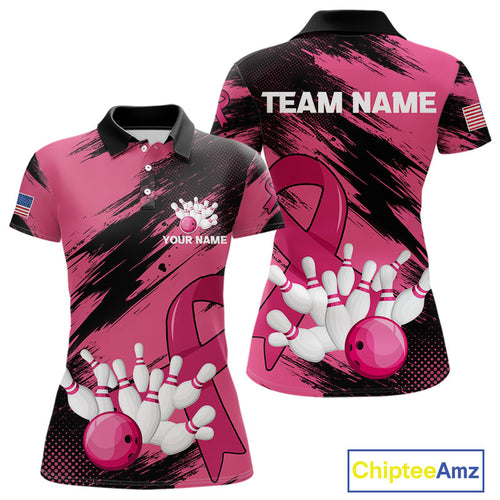 Black and Pink ribbon Bowling shirts for Women Custom breast cancer American flag bowling team jersey NQS10141