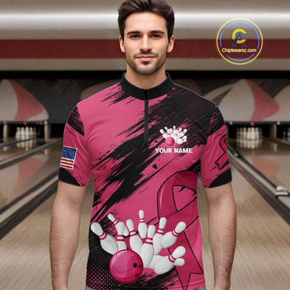 Black and Pink ribbon Bowling shirts for Men Custom breast cancer American flag bowling team jersey NQS10141