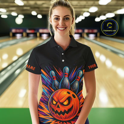 Funny Orange and Black Pumpkin Halloween Bowling Polo, 1/4 Zip Shirts For Women, Bowling Team Jersey NQS10470