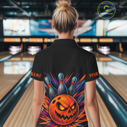 Funny Orange and Black Pumpkin Halloween Bowling Polo, 1/4 Zip Shirts For Women, Bowling Team Jersey NQS10470