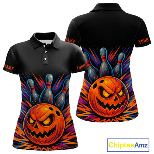 Funny Orange and Black Pumpkin Halloween Bowling Polo, 1/4 Zip Shirts For Women, Bowling Team Jersey NQS10470