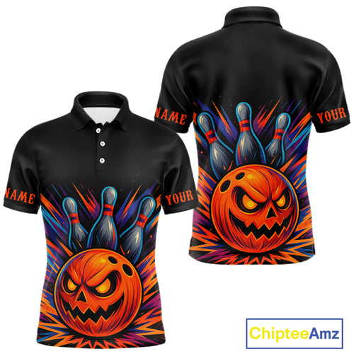 Funny Orange and Black Pumpkin Halloween Bowling Polo, 1/4 Zip Shirts For Men, Bowling Team Jersey NQS10470