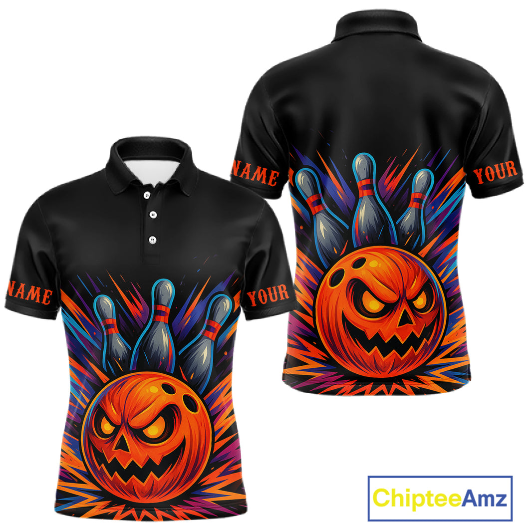 Funny Orange and Black Pumpkin Halloween Bowling Polo, 1/4 Zip Shirts For Men, Bowling Team Jersey NQS10470