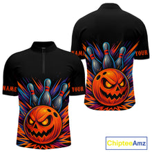 Load image into Gallery viewer, Funny Orange and Black Pumpkin Halloween Bowling Polo, 1/4 Zip Shirts For Men, Bowling Team Jersey NQS10470