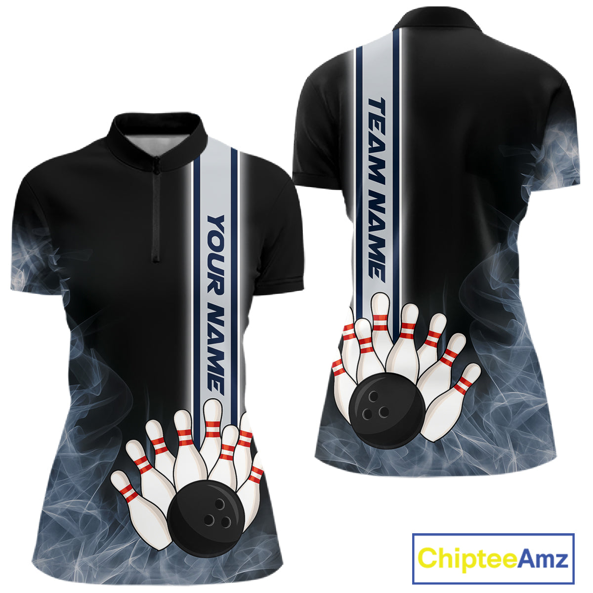 Black Smoke Bowling Polo, Quarter Zip Shirts For Women Custom Team Bowling Tournament Jerseys NQS10681
