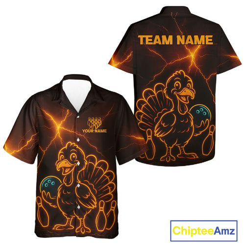 Orange Lightning Thunder Turkey Bowling Hawaiian Shirt Custom Thanksgiving Team Bowling Jerseys NQS10682