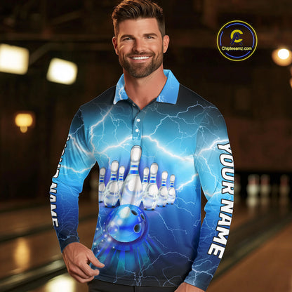 Blue lightning thunder American flag Bowling shirts for Men Custom patriotic bowling team jersey NQS10148