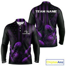 Load image into Gallery viewer, Black and Purple American Flag Eagle Bowling Shirt For Mens Custom Patriotic Team bowling jerseys NQS10479