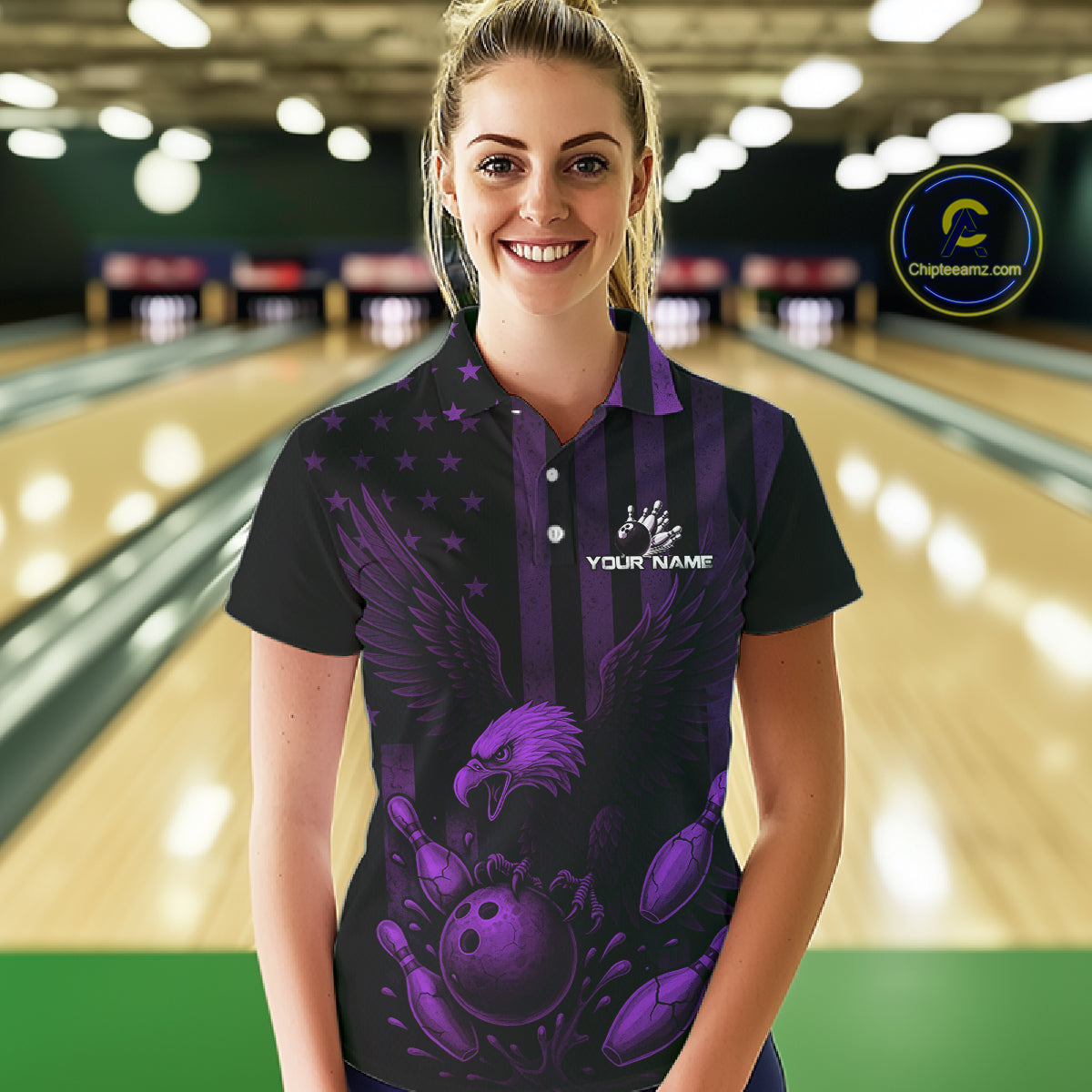 Black and Purple American Flag Eagle Bowling Shirt For Women Custom Patriotic Team bowling jerseys NQS10479