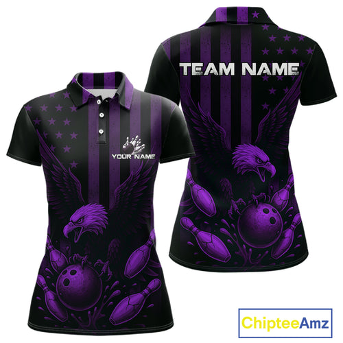 Black and Purple American Flag Eagle Bowling Shirt For Women Custom Patriotic Team bowling jerseys NQS10479