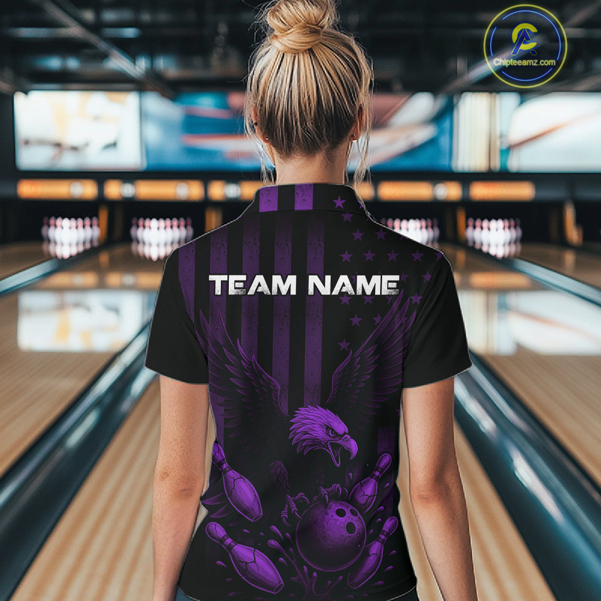 Black and Purple American Flag Eagle Bowling Shirt For Women Custom Patriotic Team bowling jerseys NQS10479