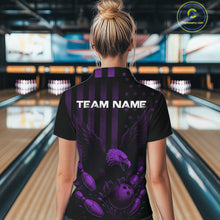 Load image into Gallery viewer, Black and Purple American Flag Eagle Bowling Shirt For Women Custom Patriotic Team bowling jerseys NQS10479