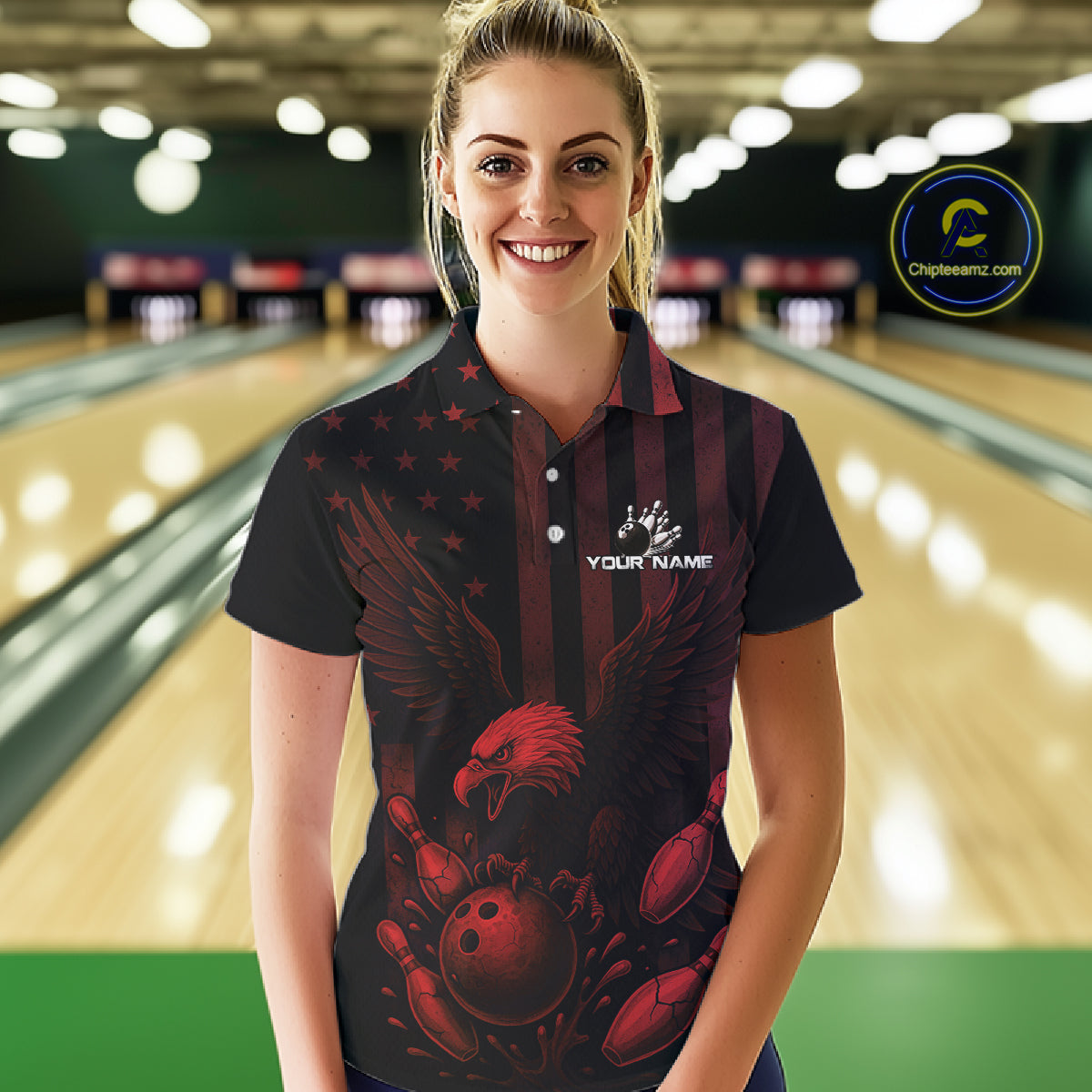 Black and Red American Flag Eagle Bowling Shirt For Women Custom Patriotic Team bowling jerseys NQS10480