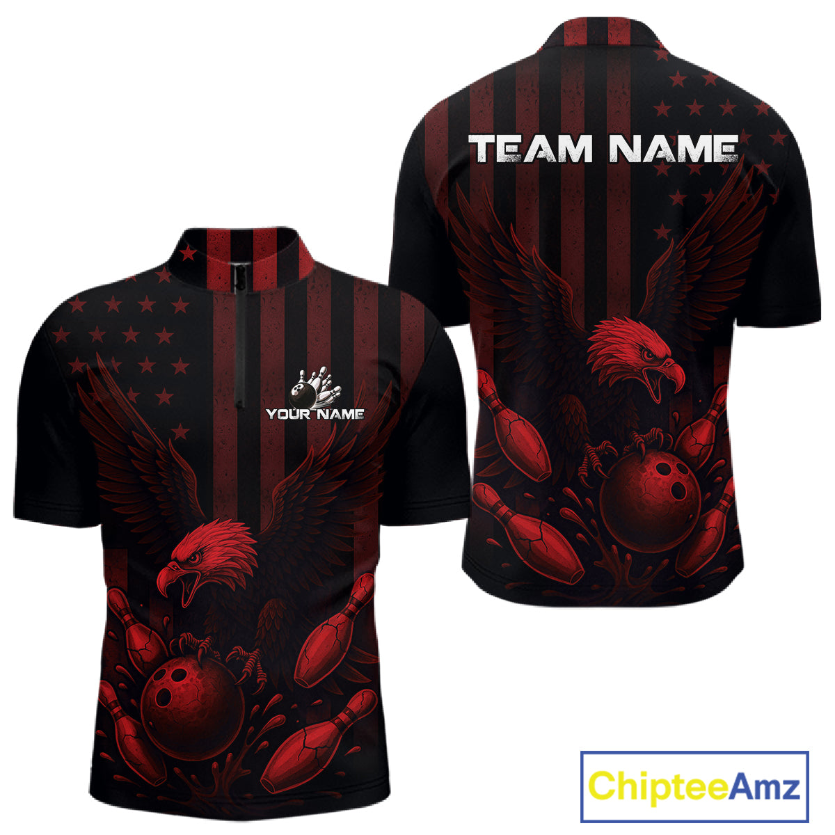 Black and Red American Flag Eagle Bowling Shirt For Mens Custom Patriotic Team bowling jerseys NQS10480