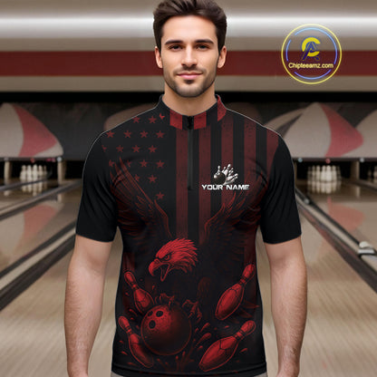 Black and Red American Flag Eagle Bowling Shirt For Mens Custom Patriotic Team bowling jerseys NQS10480
