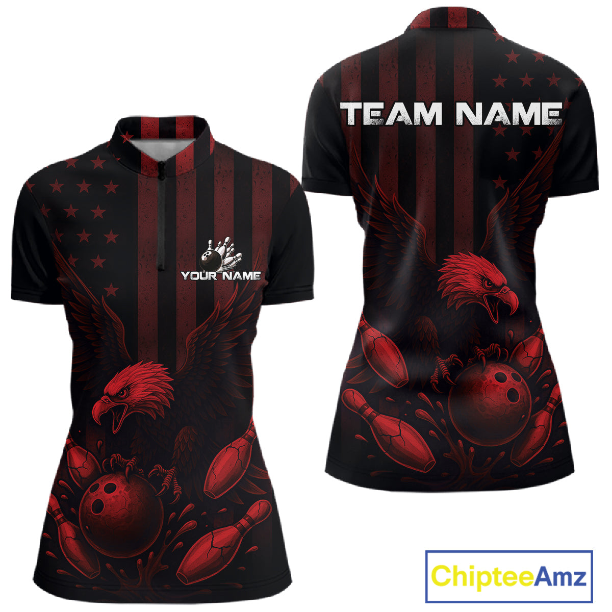 Black and Red American Flag Eagle Bowling Shirt For Women Custom Patriotic Team bowling jerseys NQS10480