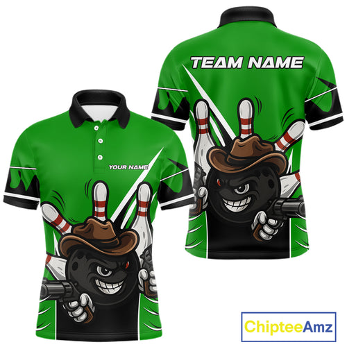 Funny Cowboy gun bowling ball and pins Bowling shirt for Men Custom bowling team jersey | Green NQS10691