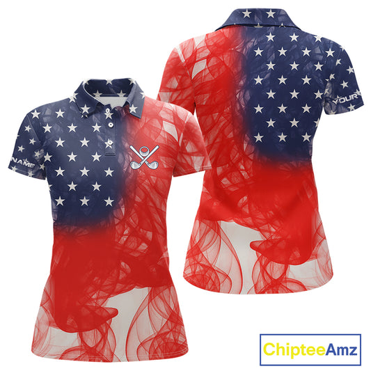 Custom Smoke American Flag Patriotic Golf Polo Shirt For Women, Personalized Ladies Golf top NQS10497
