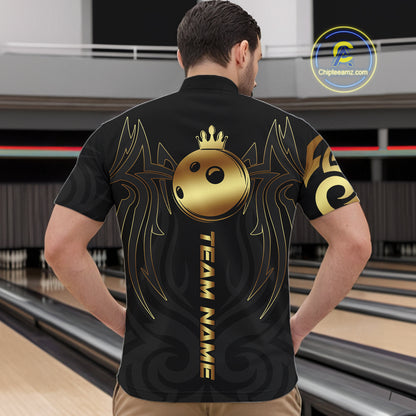 Black and Gold crown Bowling ball Polo, Quarter Zip Shirts for Men Custom Bowling Team jerseys NQS10499