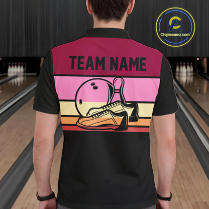 Black and Pink Retro Bowling Polo, Quarter Zip Shirts for Men Custom Team Bowling League Jerseys NQS10503