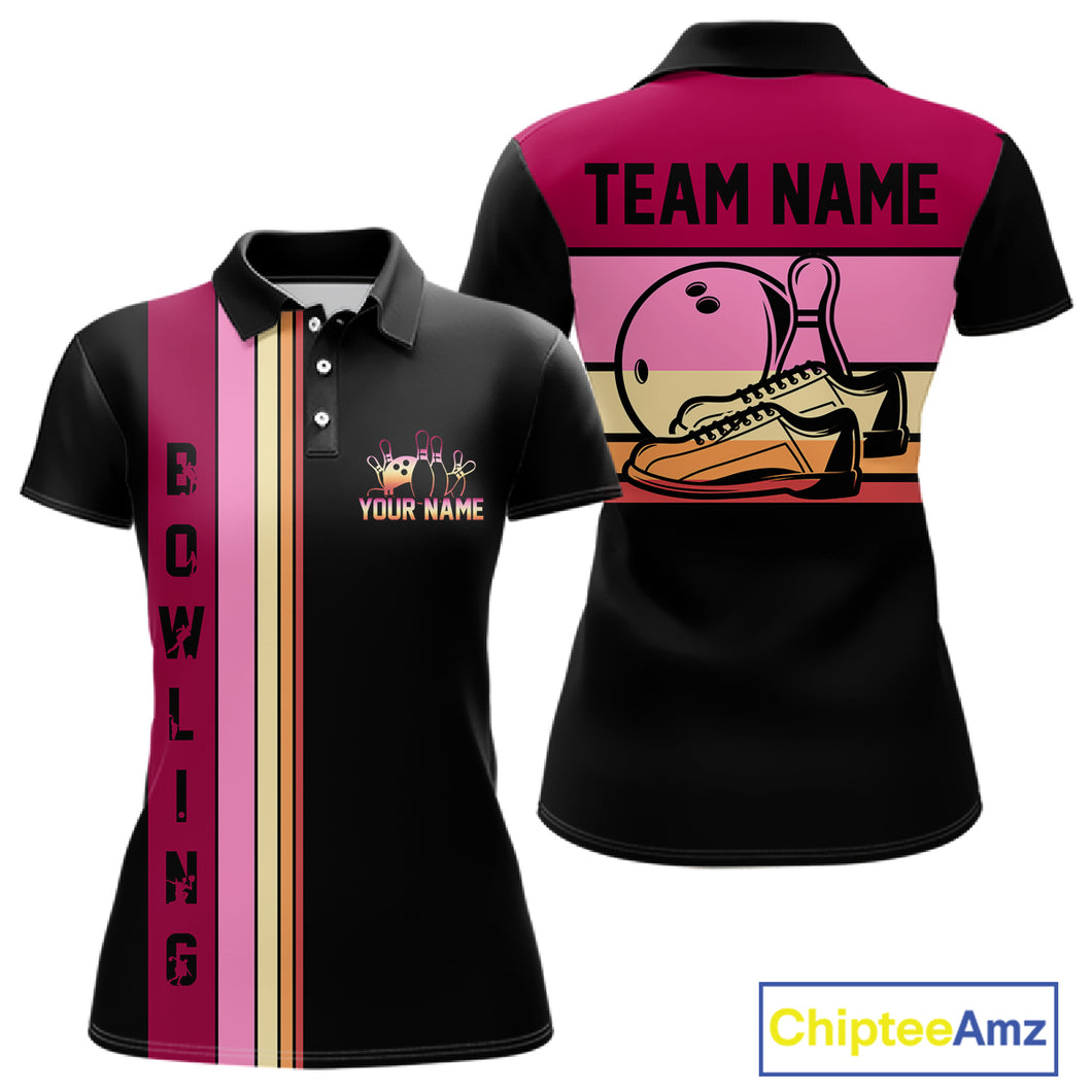 Black and Pink Retro Bowling Polo, Quarter Zip Shirts for Women Custom Team Bowling League Jerseys NQS10503