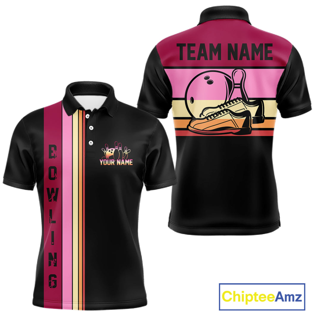 Black and Pink Retro Bowling Polo, Quarter Zip Shirts for Men Custom Team Bowling League Jerseys NQS10503