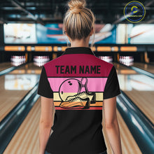 Load image into Gallery viewer, Black and Pink Retro Bowling Polo, Quarter Zip Shirts for Women Custom Team Bowling League Jerseys NQS10503