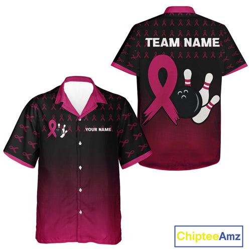 Black and Pink ribbon pattern Bowling Hawaiian shirts Custom breast cancer bowling team league shirts NQS10158