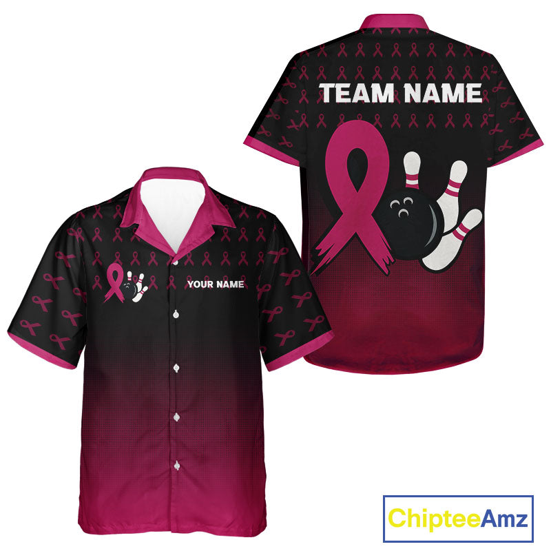 Black and Pink ribbon pattern Bowling Hawaiian shirts Custom breast cancer bowling team league shirts NQS10158