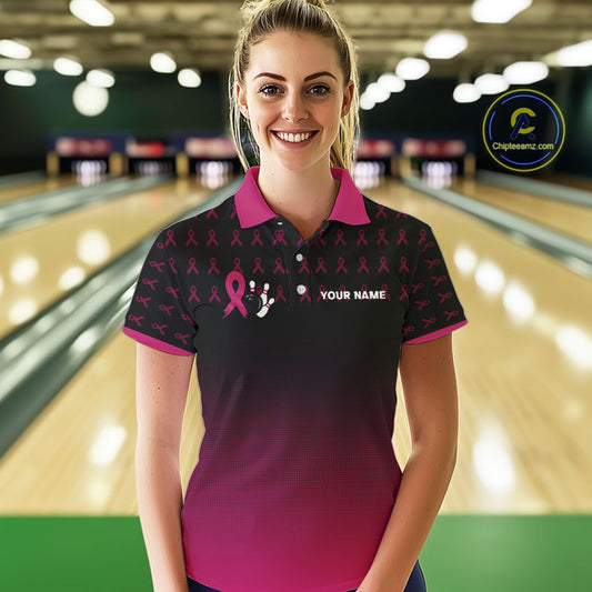 Black and Pink ribbon pattern Bowling shirts for Women Custom breast cancer bowling team jerseys NQS10158