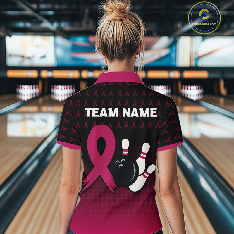 Black and Pink ribbon pattern Bowling shirts for Women Custom breast cancer bowling team jerseys NQS10158