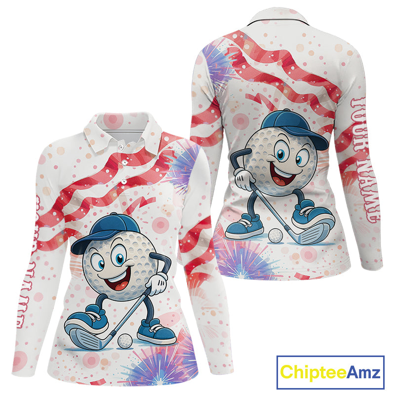 Funny Golf Ball Watercolor red, white and blue Women golf polo shirt custom patriotic fun golf shirts NQS10293