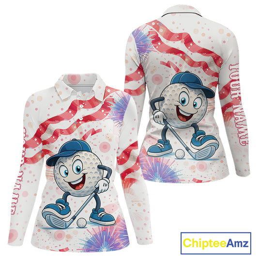 Funny Golf Ball Watercolor red, white and blue Women golf polo shirt custom patriotic fun golf shirts NQS10293