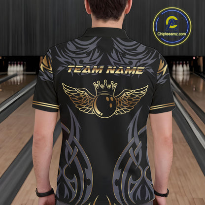 Personalized Black And Gold tribal pattern Bowling Shirts For Men, angel wings Bowling Team jerseys NQS10298