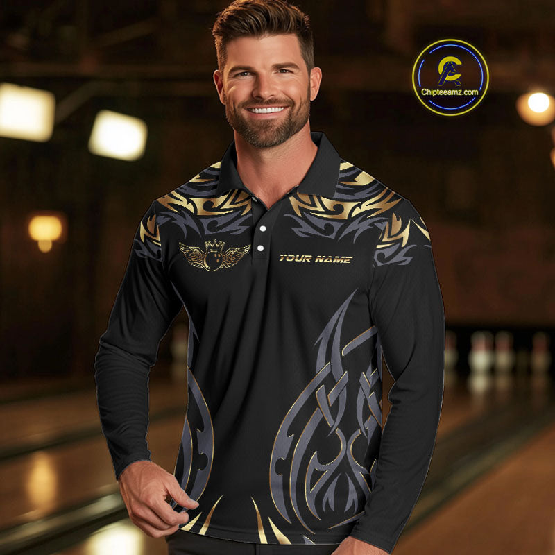 Personalized Black And Gold tribal pattern Bowling Shirts For Men, angel wings Bowling Team jerseys NQS10298
