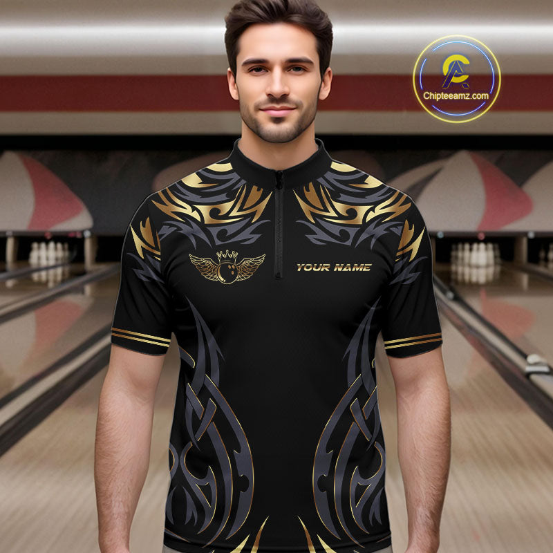 Personalized Black And Gold tribal pattern Bowling Shirts For Men, angel wings Bowling Team jerseys NQS10298