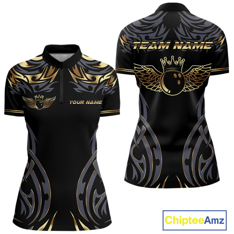 Personalized Black And Gold tribal pattern Bowling Shirts For Women, angel wings Bowling Team jerseys NQS10298
