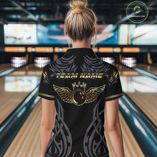 Load image into Gallery viewer, Personalized Black And Gold tribal pattern Bowling Shirts For Women, angel wings Bowling Team jerseys NQS10298