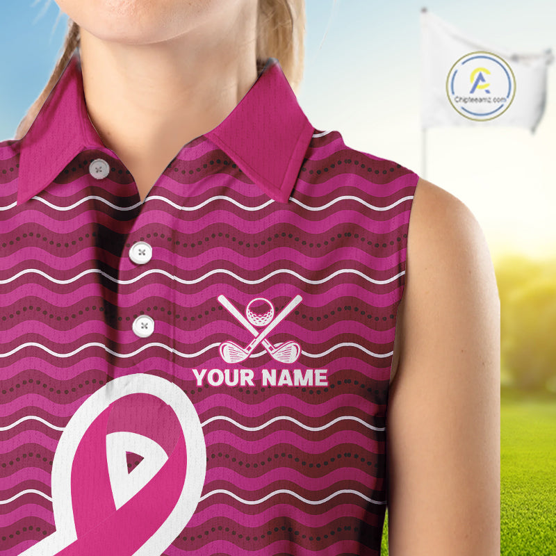 Pink ribbon Sleeveless polo golf shirts Custom Breast cancer awareness team golf attire for ladies NQS10509