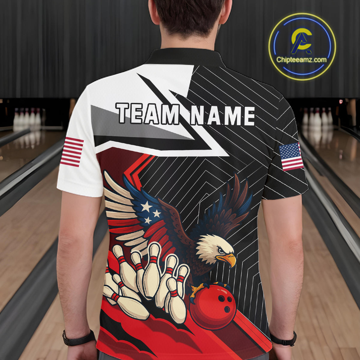 Black and Red American Flag Eagle Bowling Shirts for Men Custom patriotic Team Bowling League Jersey NQS10517