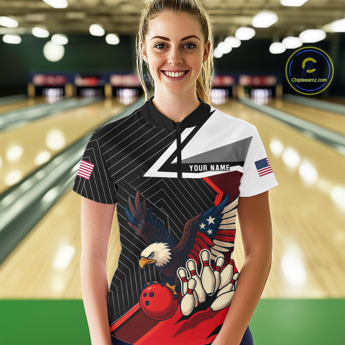 Black and Red American Flag Eagle Bowling Shirts for Women Custom patriotic Team Bowling Jersey NQS10517